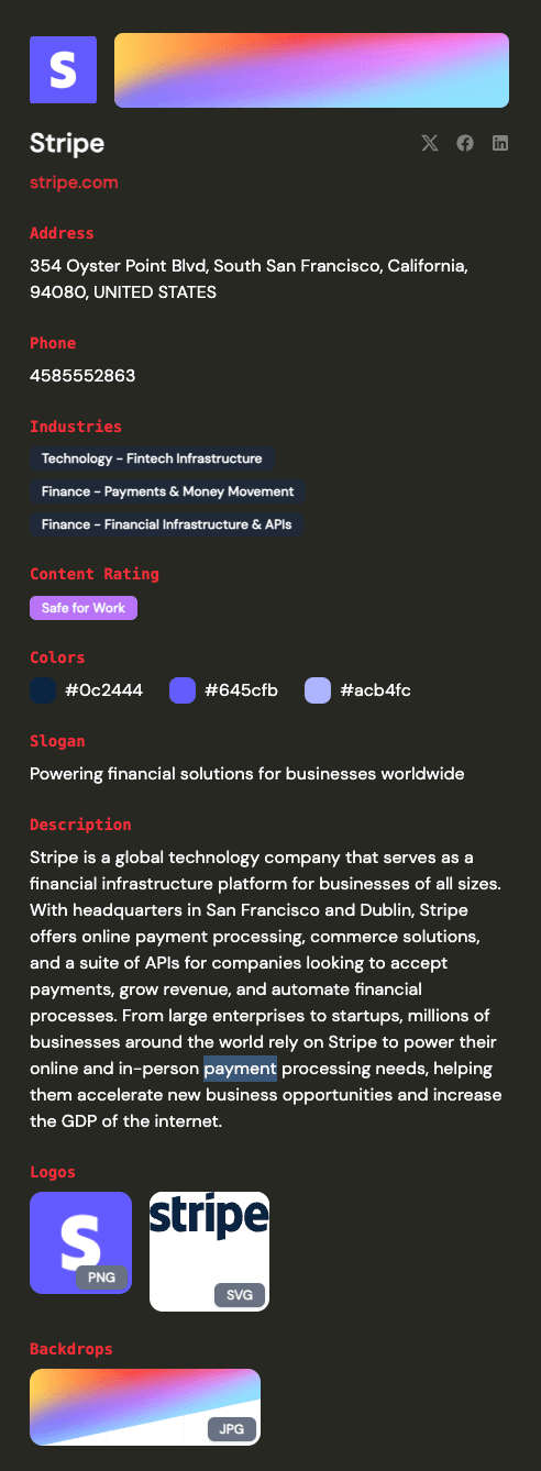 Stripe brand visualization showing logo and brand data