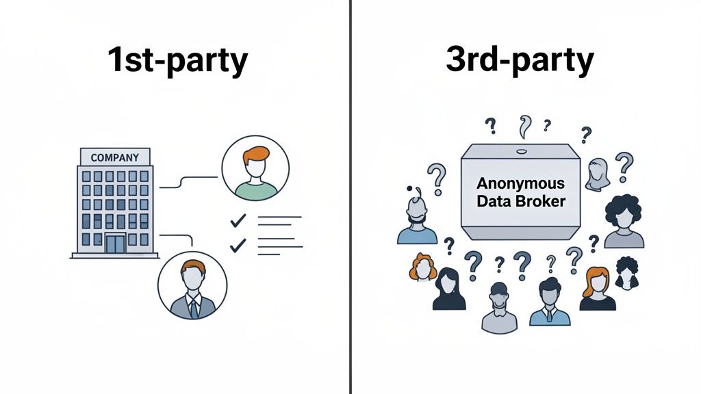 Visual comparing 1st-party data collection from known users and 3rd-party data brokering with anonymous users.