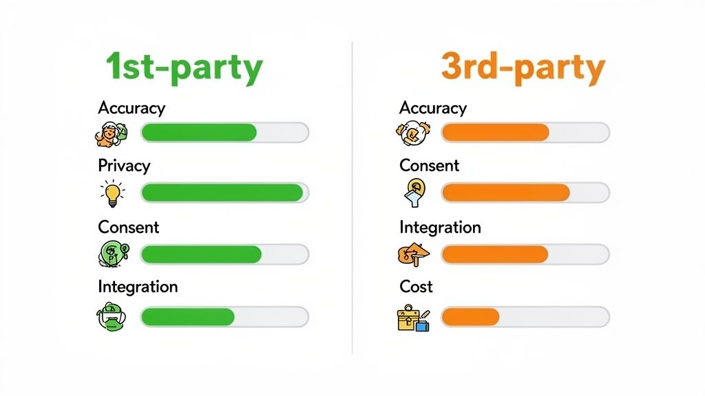 Comparison of 1st-party vs 3rd-party data attributes including accuracy, privacy, consent, integration, and cost.