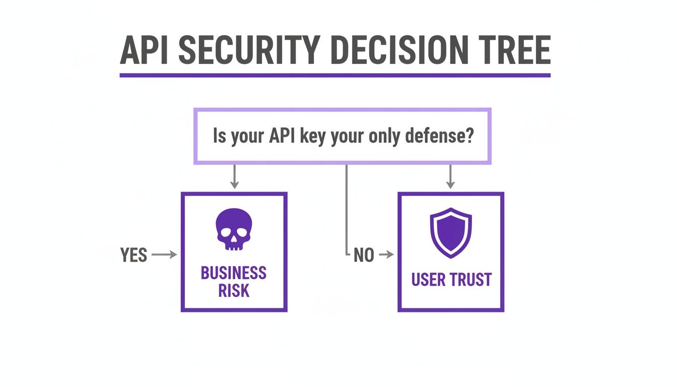 An API security decision tree illustrating that an API key as sole defense creates business risk.
