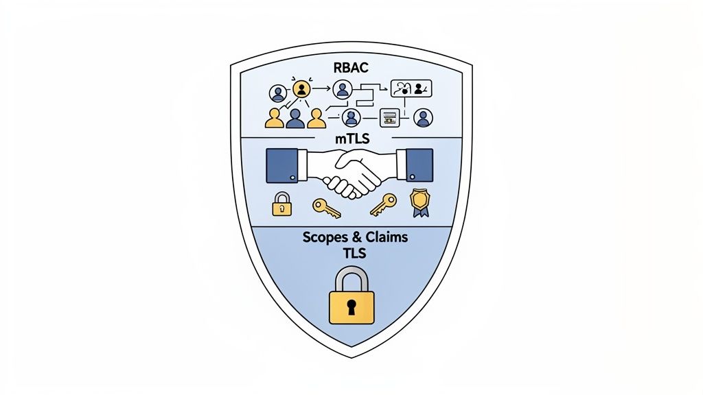 A shield graphic illustrating layered API security best practices, including RBAC, mTLS, and TLS with scopes and claims.
