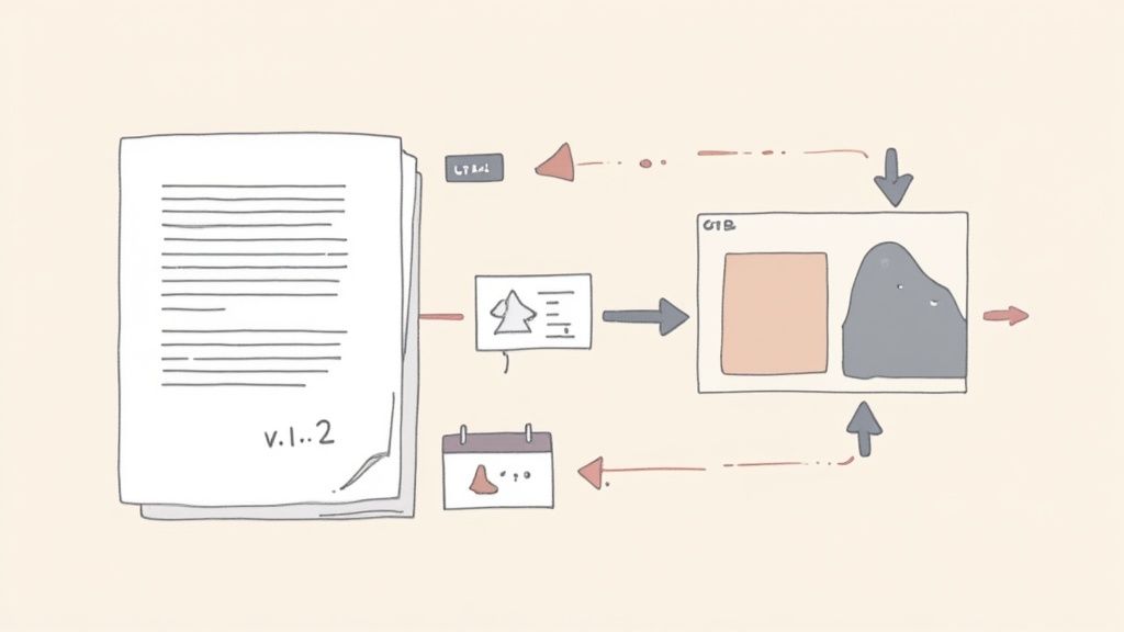 Hand-drawn diagram illustrating a content lifecycle with documents, processing, and feedback mechanisms including a calendar.