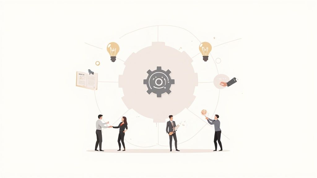 Business illustration with people collaborating around a central gear, representing ideas, strategy, and demand generation.