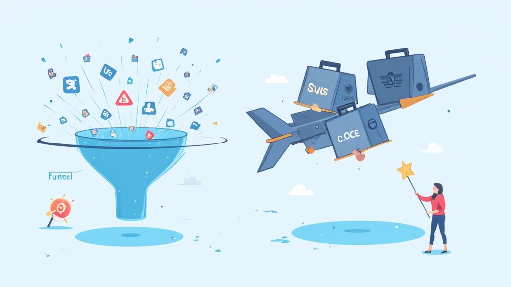 Digital data streams into a funnel, while a woman magically optimizes flying business cases and processes.