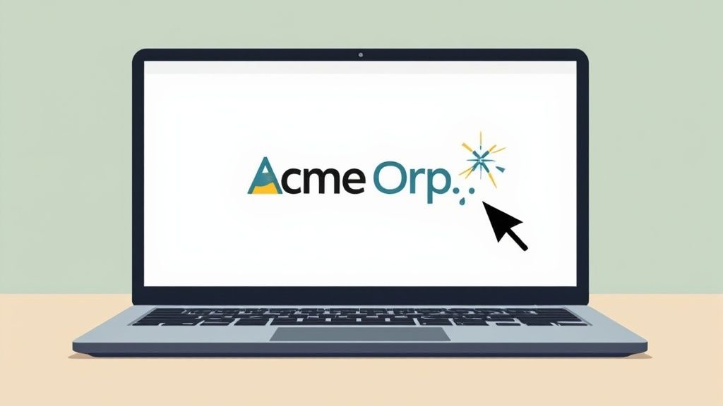 A laptop on a desk displays the 'Acme Orp.' logo with a cursor pointing at it.