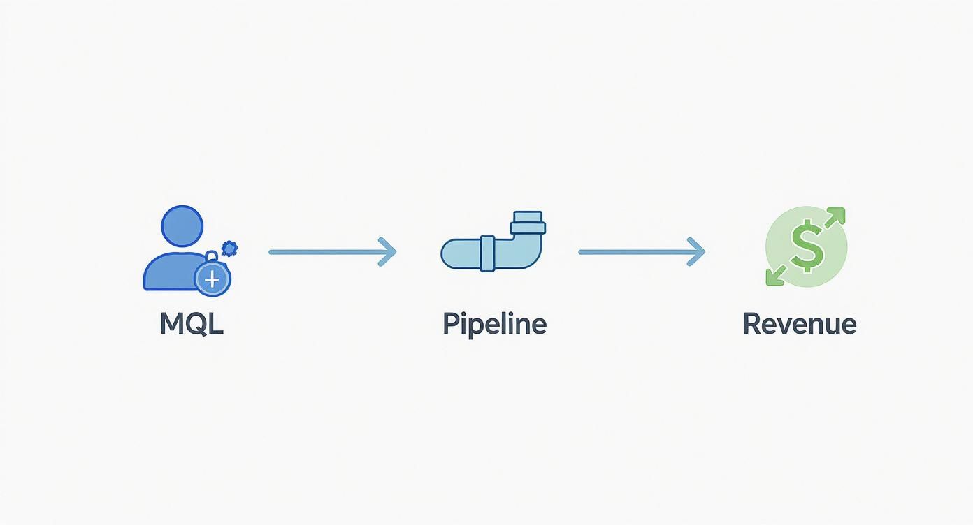 A diagram illustrating the progression from Marketing Qualified Lead (MQL) through a pipeline to revenue.