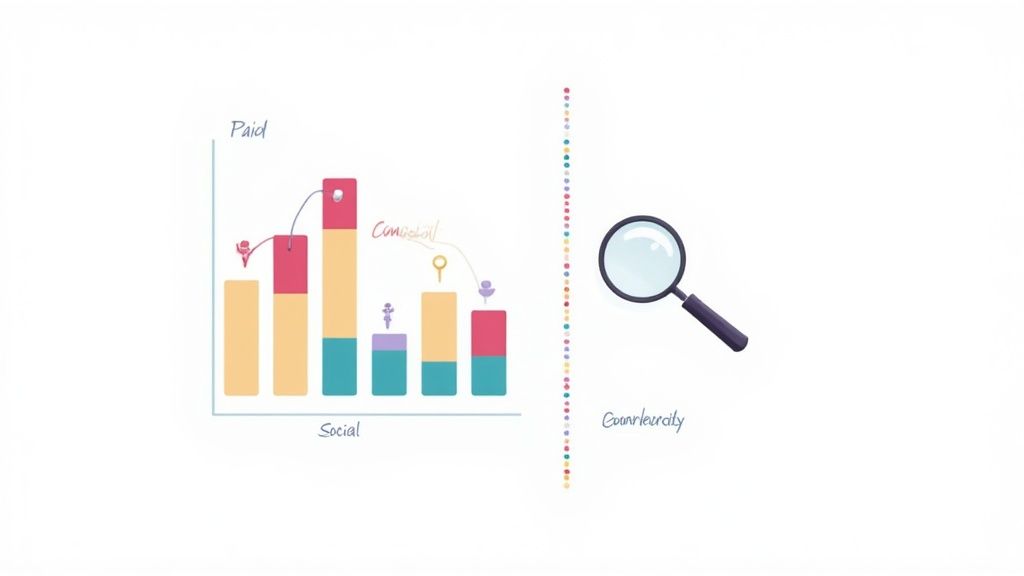 Bar chart showing customer acquisition via paid and social channels, with a magnifying glass for analysis.