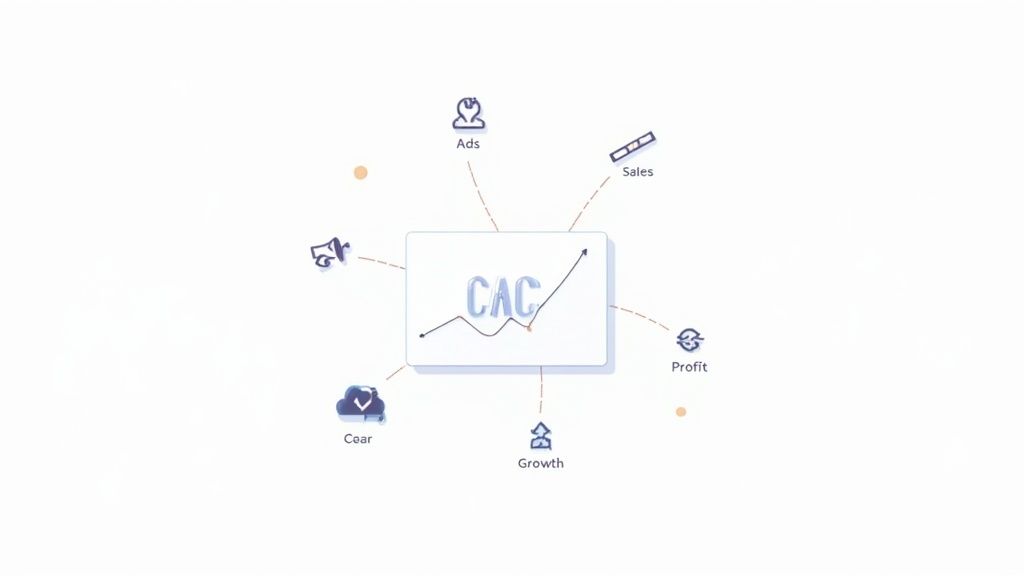 A diagram showing Customer Acquisition Cost (CAC) with a growth graph, connected to factors like ads, sales, profit, and growth.