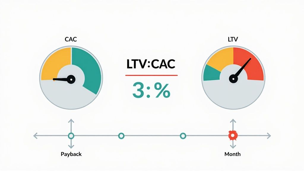 An infographic showing LTV:CAC ratio, with gauges for Customer Acquisition Cost and Lifetime Value metrics.