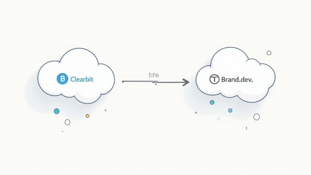A diagram illustrating data flow from a Clearbit cloud to a Brand.dev cloud, connected by an arrow.