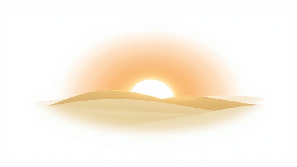 A minimalist, stylized illustration of a bright sun setting or rising over light brown sand dunes.