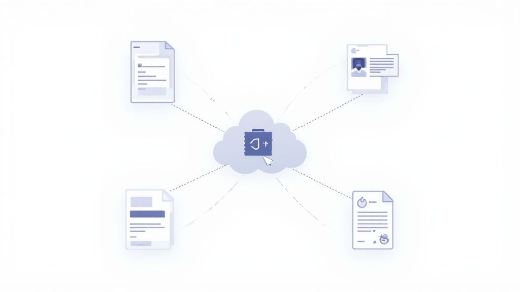 Woman using laptop with multiple company logos floating around her, representing data integration