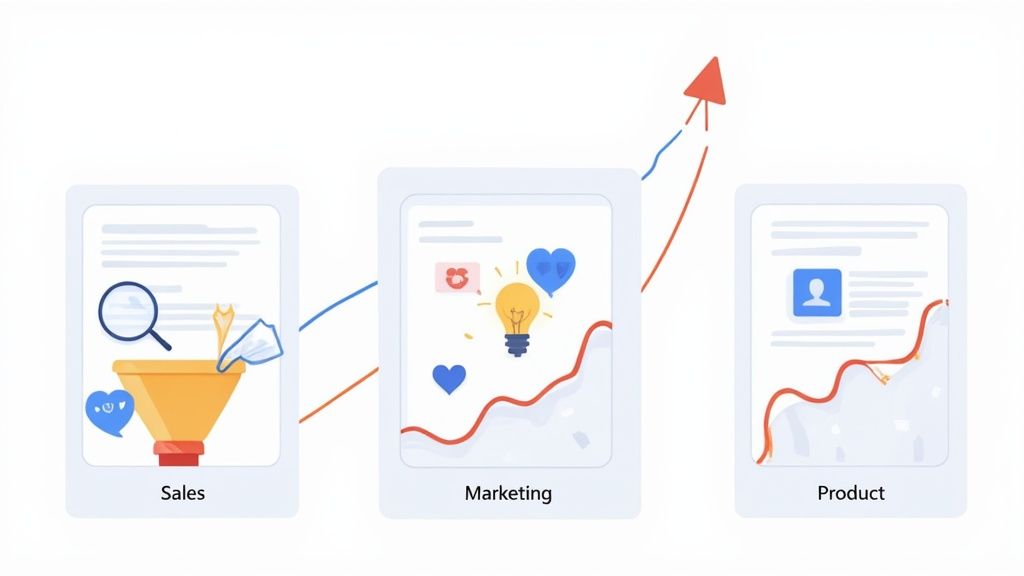 Illustration depicting interconnected sales, marketing, and product stages with icons and upward growth trends.