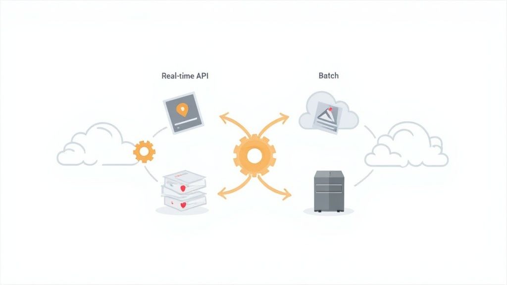 Diagram illustrating a data enrichment workflow with real-time API, batch processing, and data storage.