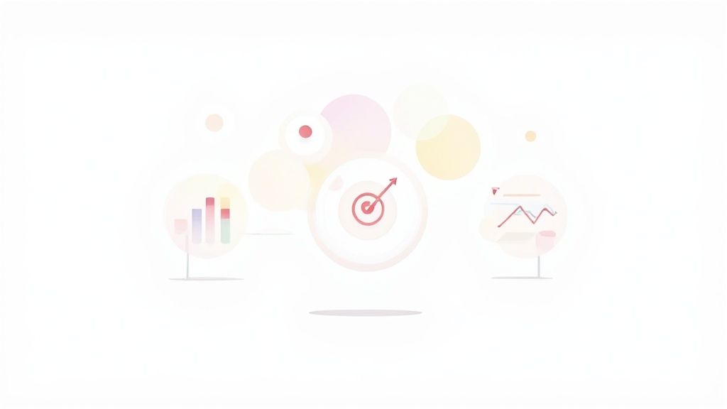 An illustration showing business data analytics with bar charts, a target goal, and a line graph.