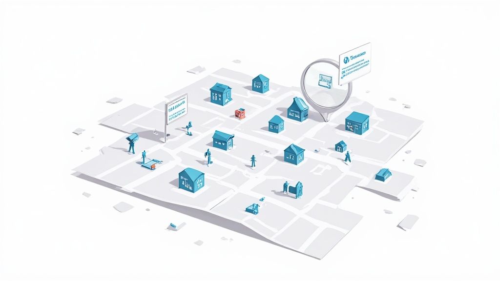 Isometric map illustration of interconnected blue houses and people, with a magnifying glass showing digital data.