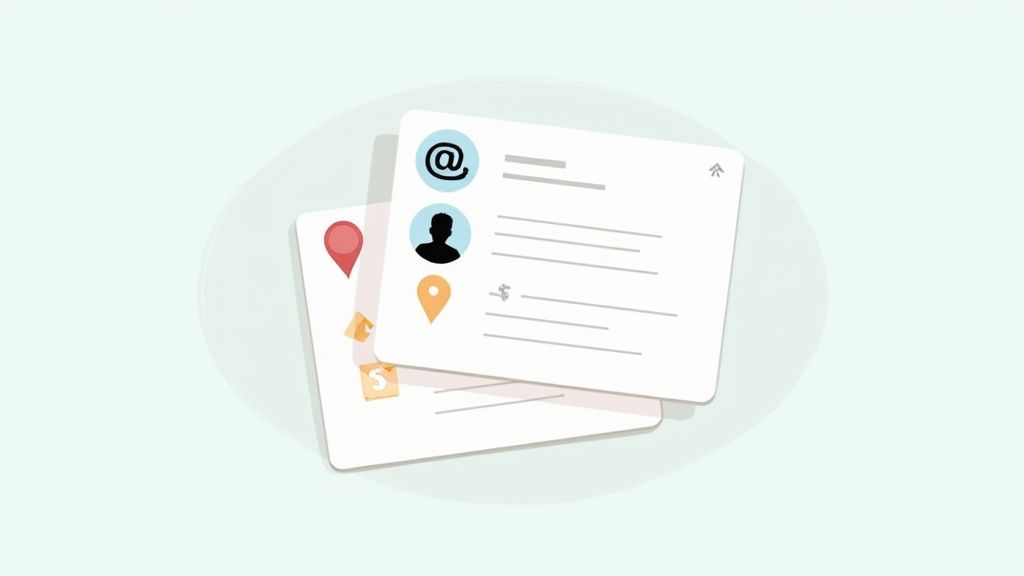 Two white cards featuring email, user profile, and location icons with text lines, representing organized contact data.