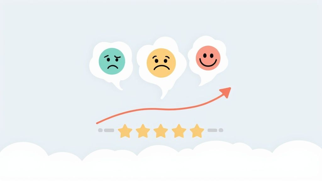 Graphic illustrating improving customer experience with sad, neutral, and happy faces, showing 5-star rating growth.