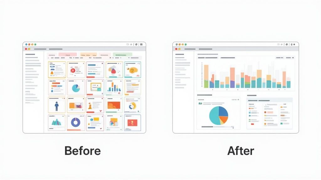 Side-by-side comparison of a cluttered dashboard (Before) and a streamlined, organized dashboard (After).