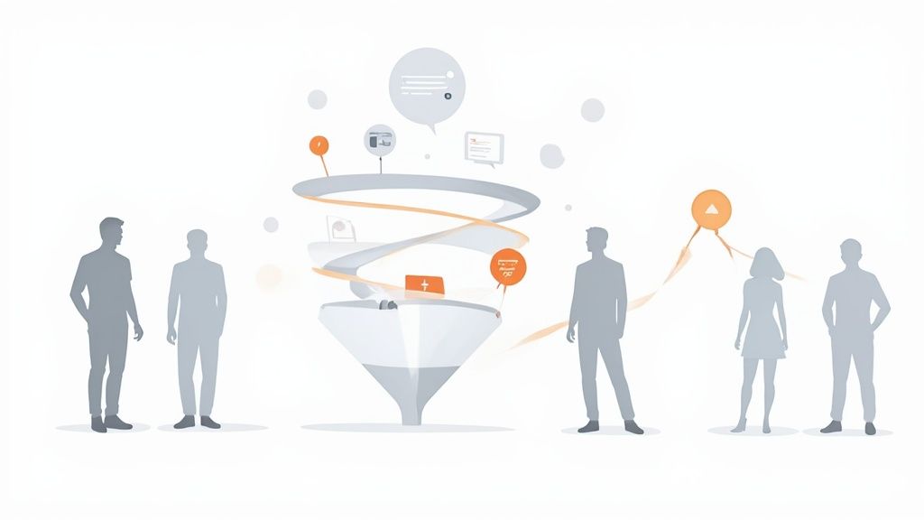 A person at a computer with various marketing channel icons floating around, symbolizing a multi-faceted demand generation strategy.