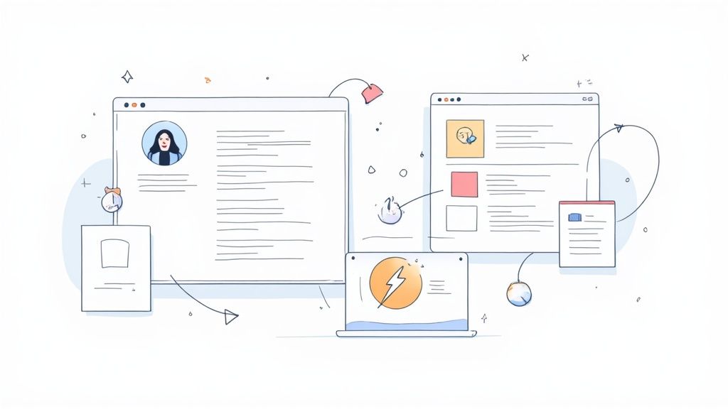 Digital workspace illustration showing multiple browser windows with profile content and data visualization elements