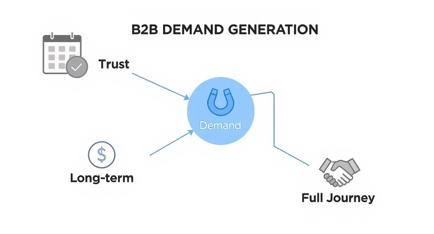 B2B demand generation diagram showing trust, long-term value, and full journey connected to central demand magnet icon