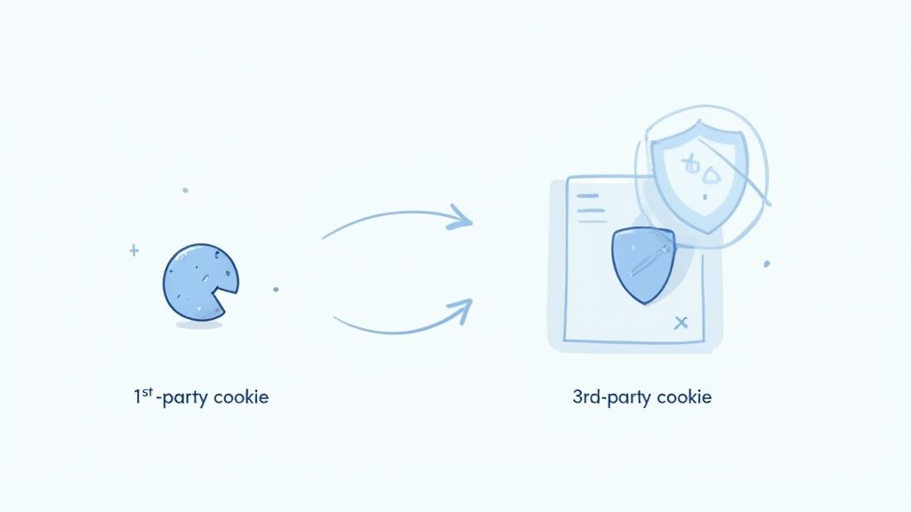 Diagram comparing first-party cookie and third-party cookie with arrows pointing to security shields illustration