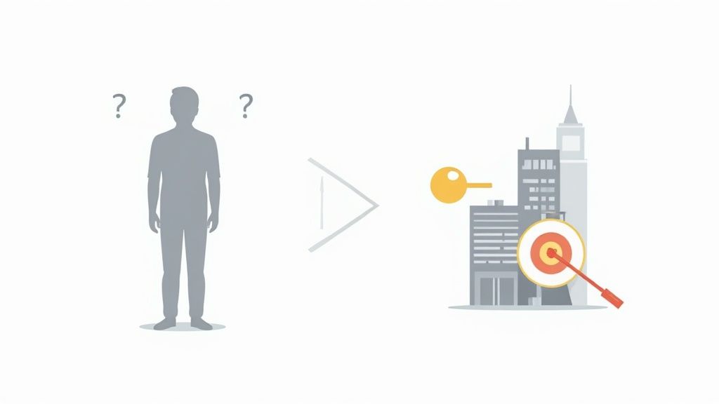A group of professionals collaborating around a table, analyzing charts and data on a laptop, representing the process of defining an ideal customer profile.