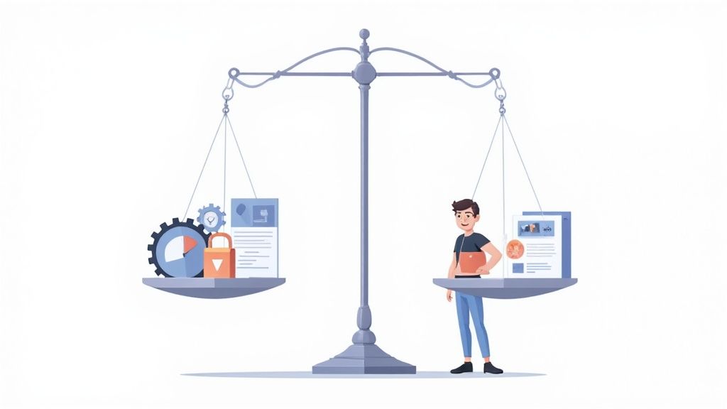Illustration of a balance scale with data, security icons, and a man, symbolizing the balance of personalization.