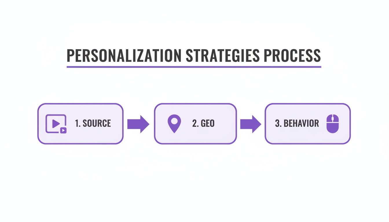 Visual process flow diagram of personalization strategies showing source, geographic location, and user behavior steps.