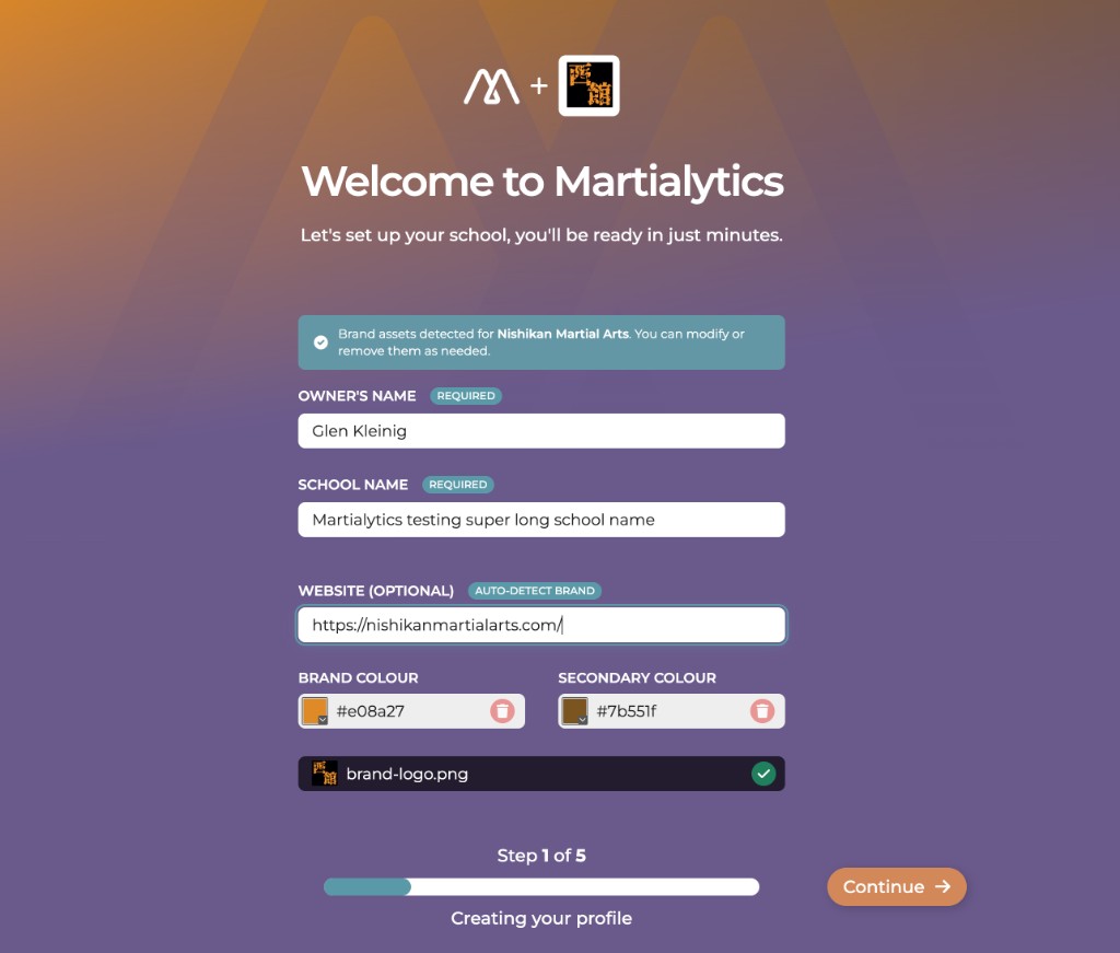 Martialytics onboarding screen showing Brand.dev auto-detected brand assets