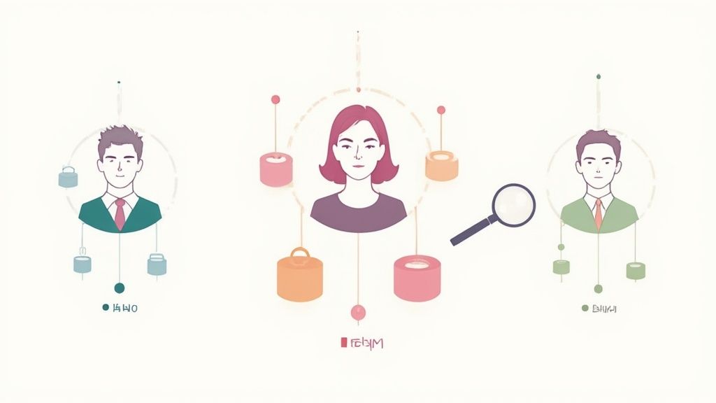 People working collaboratively on a large whiteboard covered in sticky notes, creating customer personas.