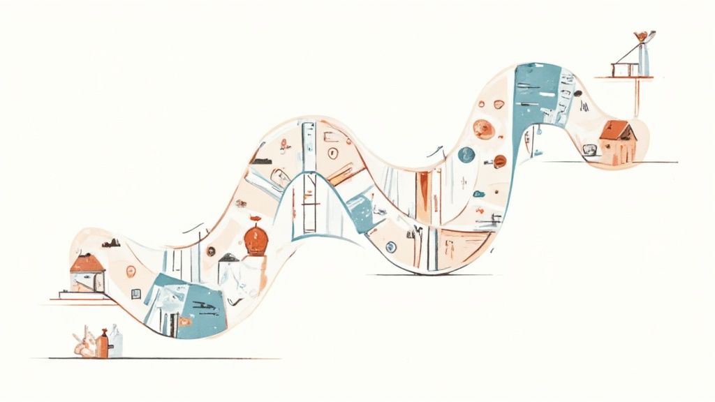 Abstract illustration showing a winding path of connected rooms, houses, and various household items.
