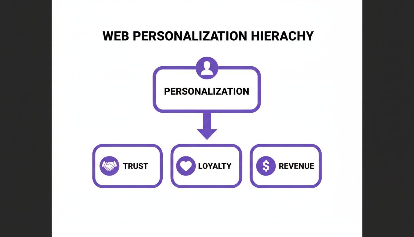 A diagram illustrating the web personalization hierarchy, showing personalization leading to trust, loyalty, and revenue.