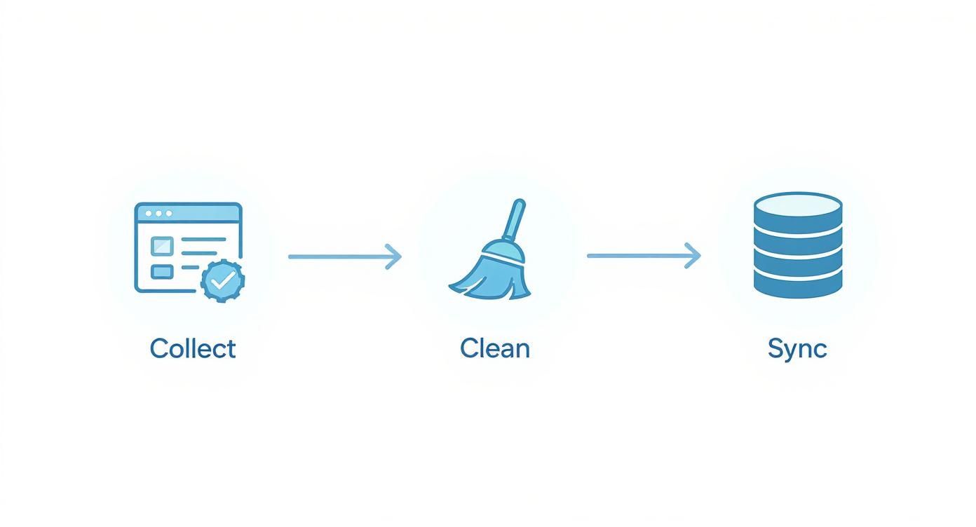 An infographic showing the process of collecting, cleaning, and syncing customer data for personalization.