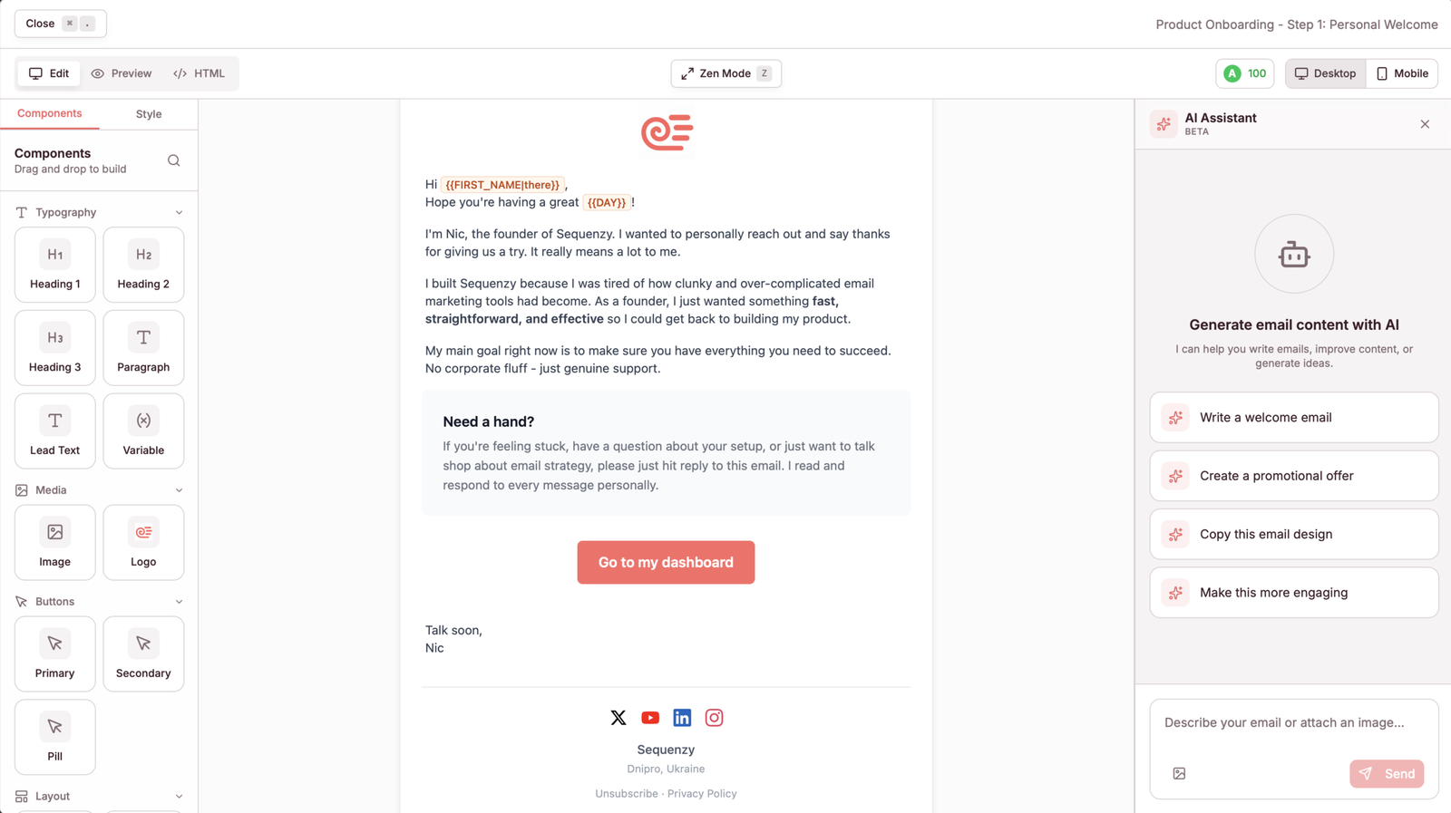 Sequenzy email editor showing a personalized welcome email with drag-and-drop components and AI assistant