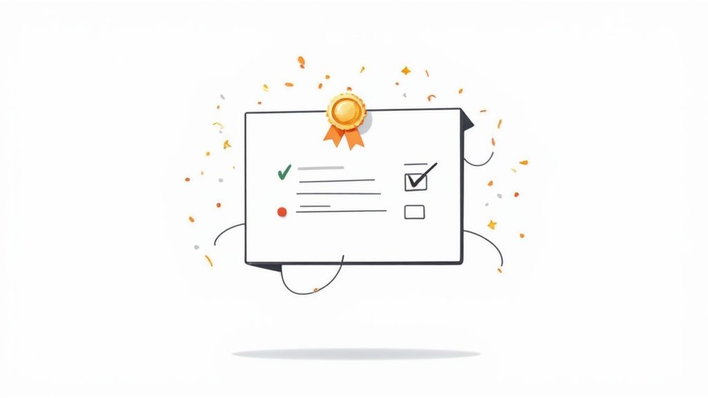 A graphic showing a checklist with a golden award ribbon, symbolizing successful task completion.