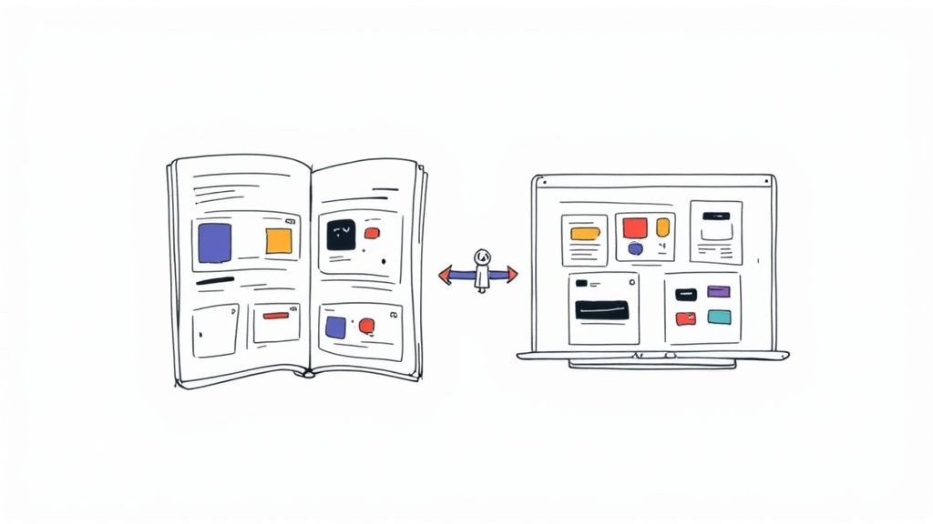 Illustration showing brand consistency transition from physical catalog to digital screens with unified design elements
