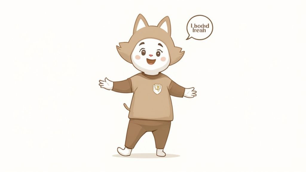 Friendly brown mascot character with white face in uniform welcoming gesture brand mascot